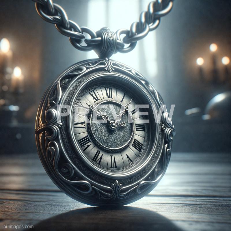 The image features an ornate, vintage pocket watch with intricate detailing on its metallic case, hanging from a matching chain. The watch face displays Roman numerals and elegant hour and minute hands, with a smaller sub-dial inside. The background is softly lit, with blurred warm light sources creating a nostalgic and timeless atmosphere, emphasizing the craftsmanship of the watch.